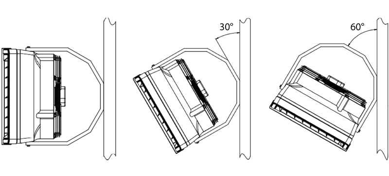 Installation i olika vinklar för fläktluftvärmaren Vinga – rakt, 30° och 60°