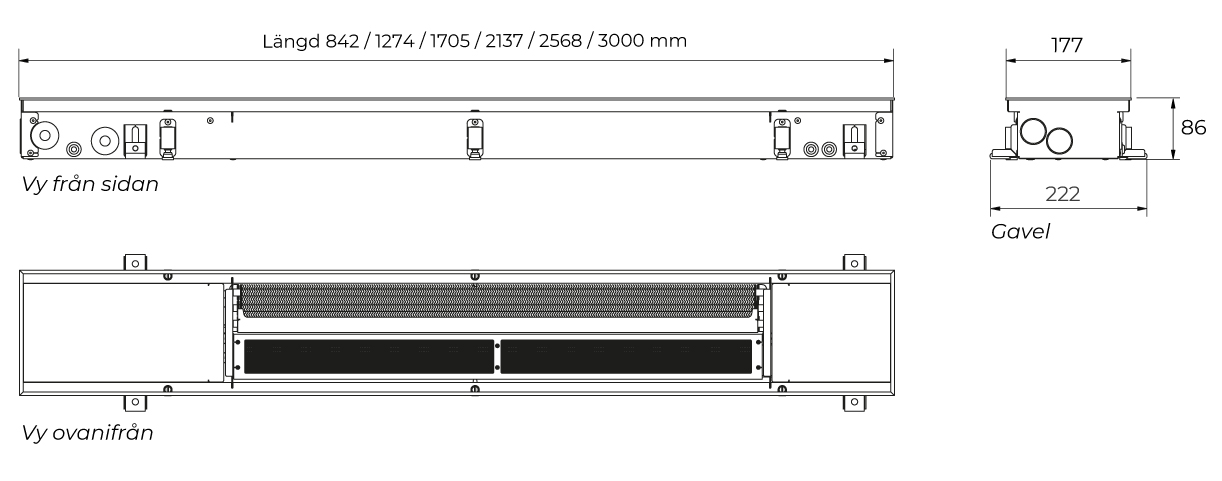 Måttskiss – dimensioner – för golvkonvektor GKF4-M